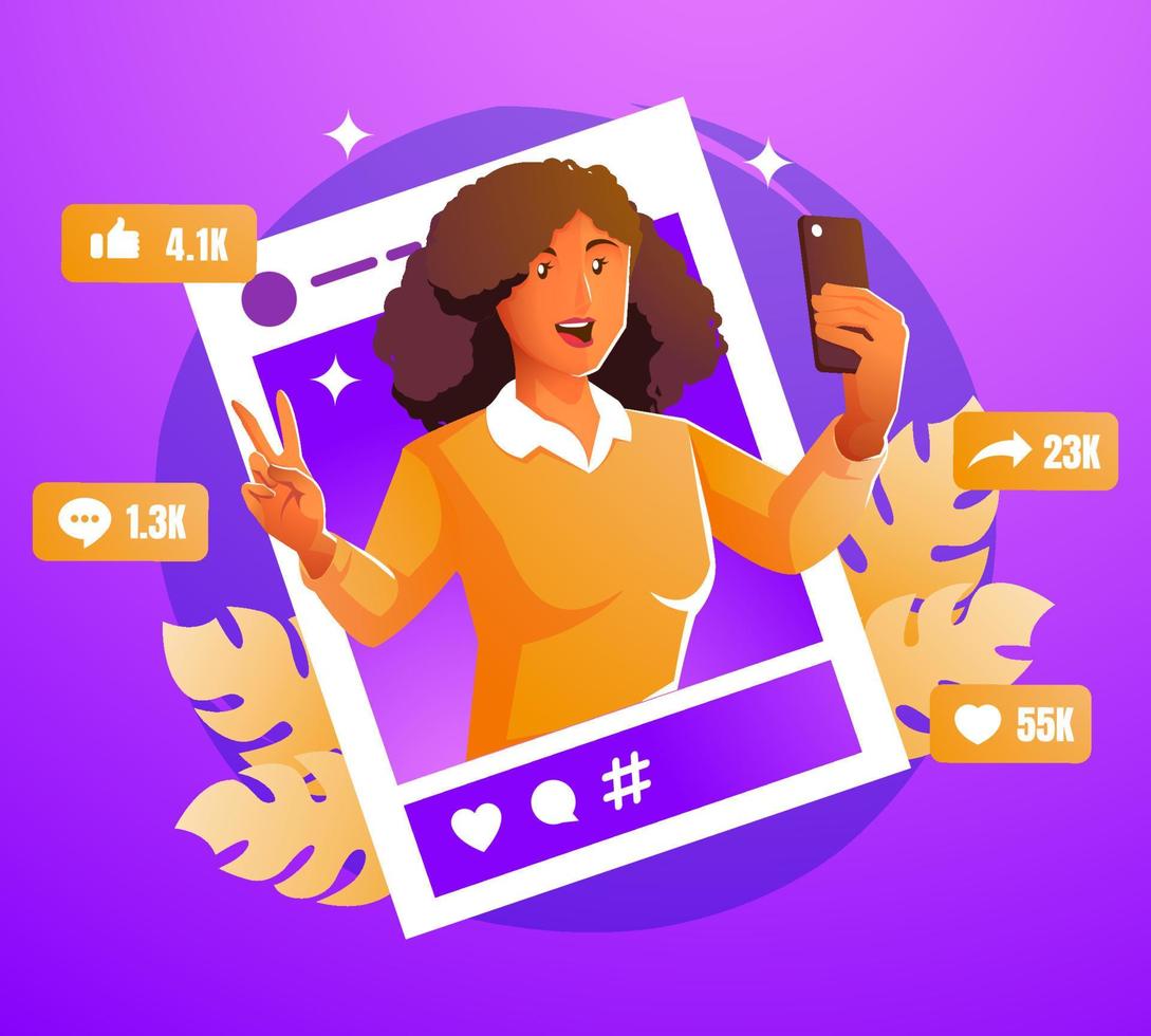 selfie van het meisje en post op sociale media vector