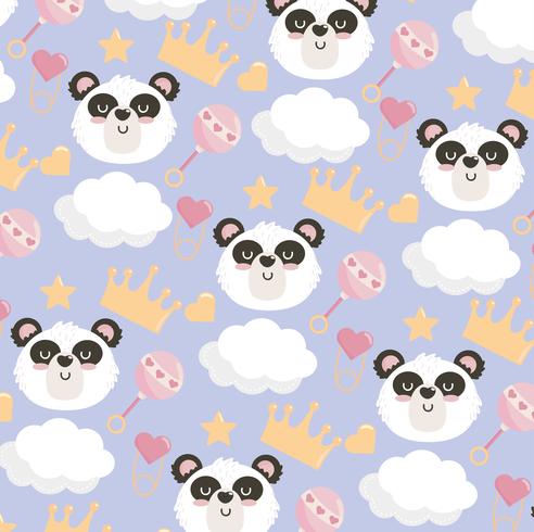 Naadloze achtergrond met panda hoofd, wolken, rammelaars en kronen vector