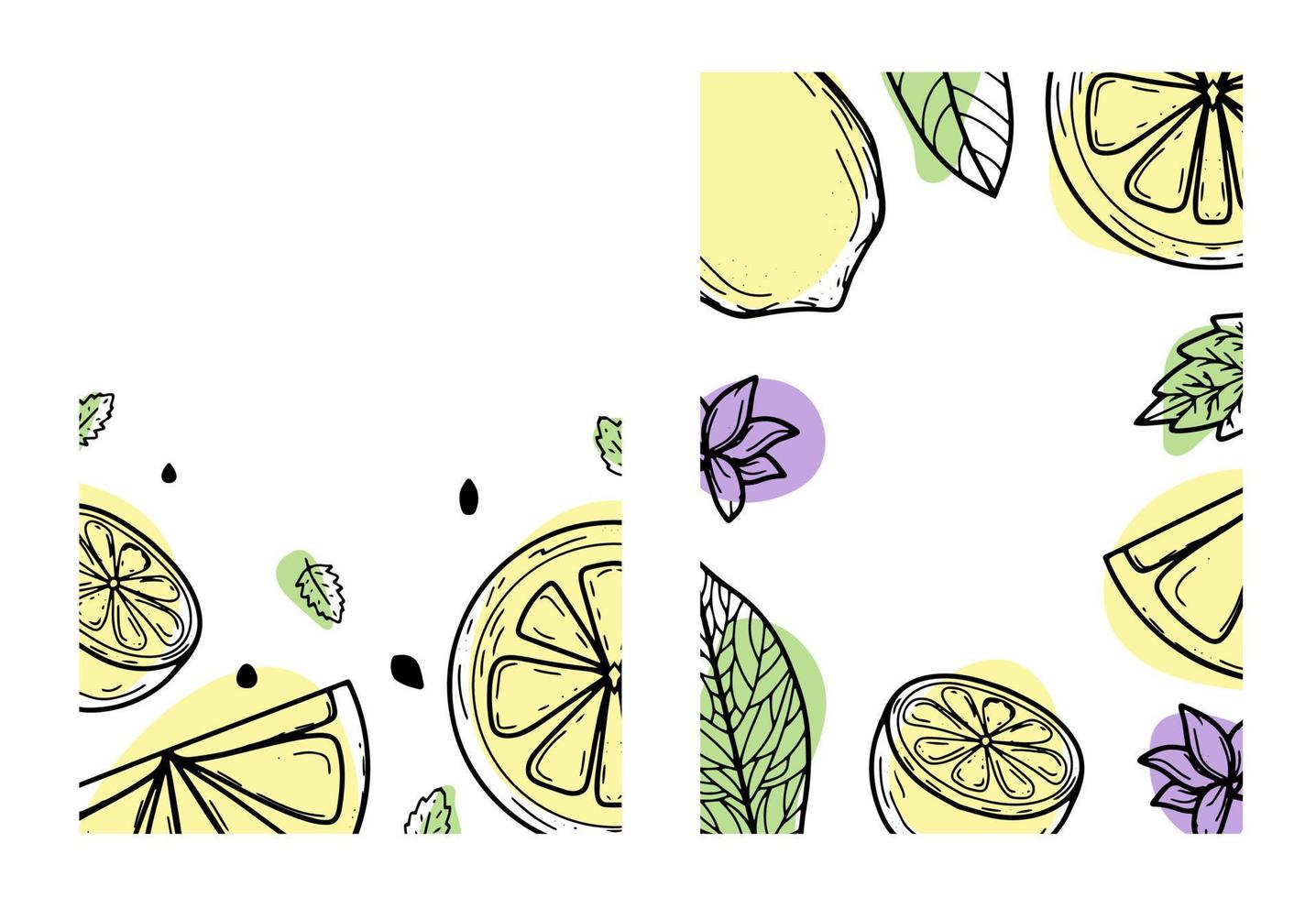 achtergrond instellen met citroen, bloem, bladeren. handgetekende vectorillustratie van fruit. in de stijl van een gravure met gekleurde vlekken.citrus, botanisch dessin. voor posters, prints, wallpapers, covers vector