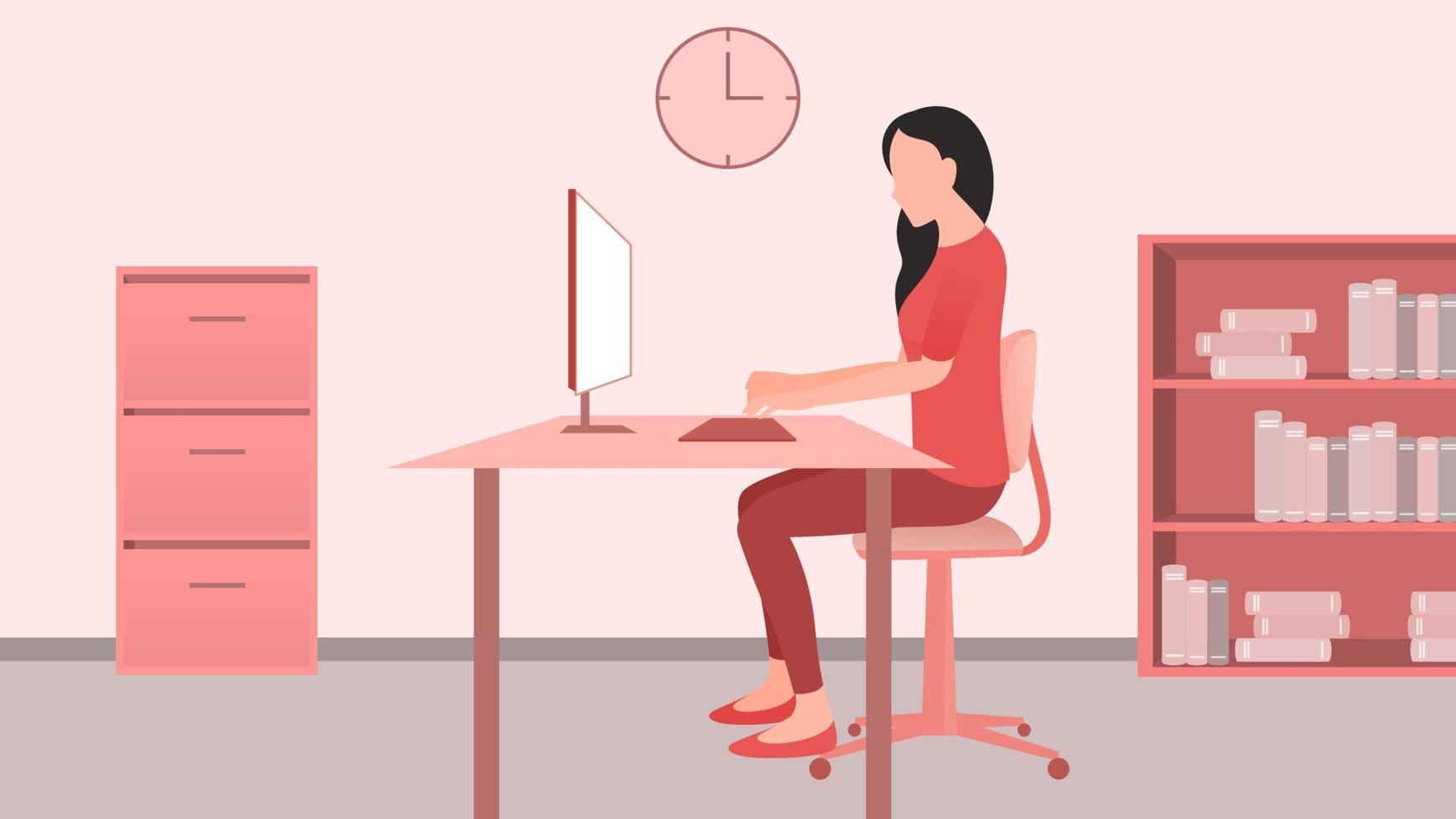 vrouw aan het werk op kantoor computerbureau van zijaanzicht, werk vanuit huis en flexibele werkuur karakter vectorillustratie. vector