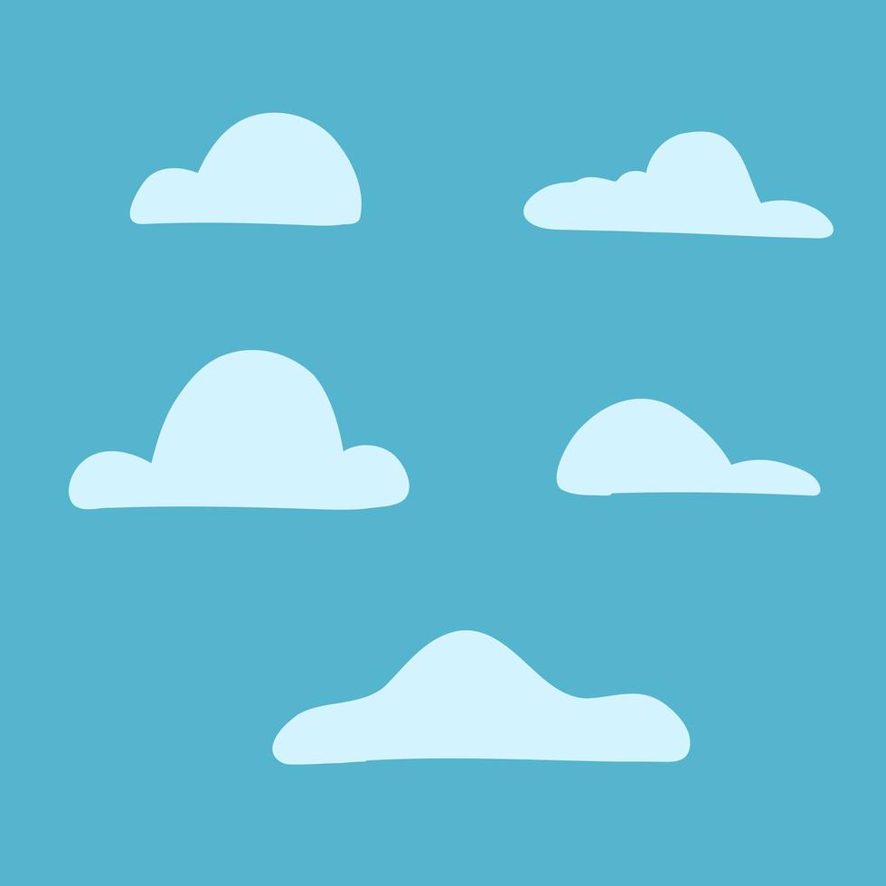 set van wolken in de hand getekend cartoon stijl op blauwe achtergrond. vector illustratie