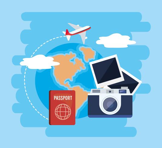 Camera met paspoort en vliegtuig met globale kaart vector