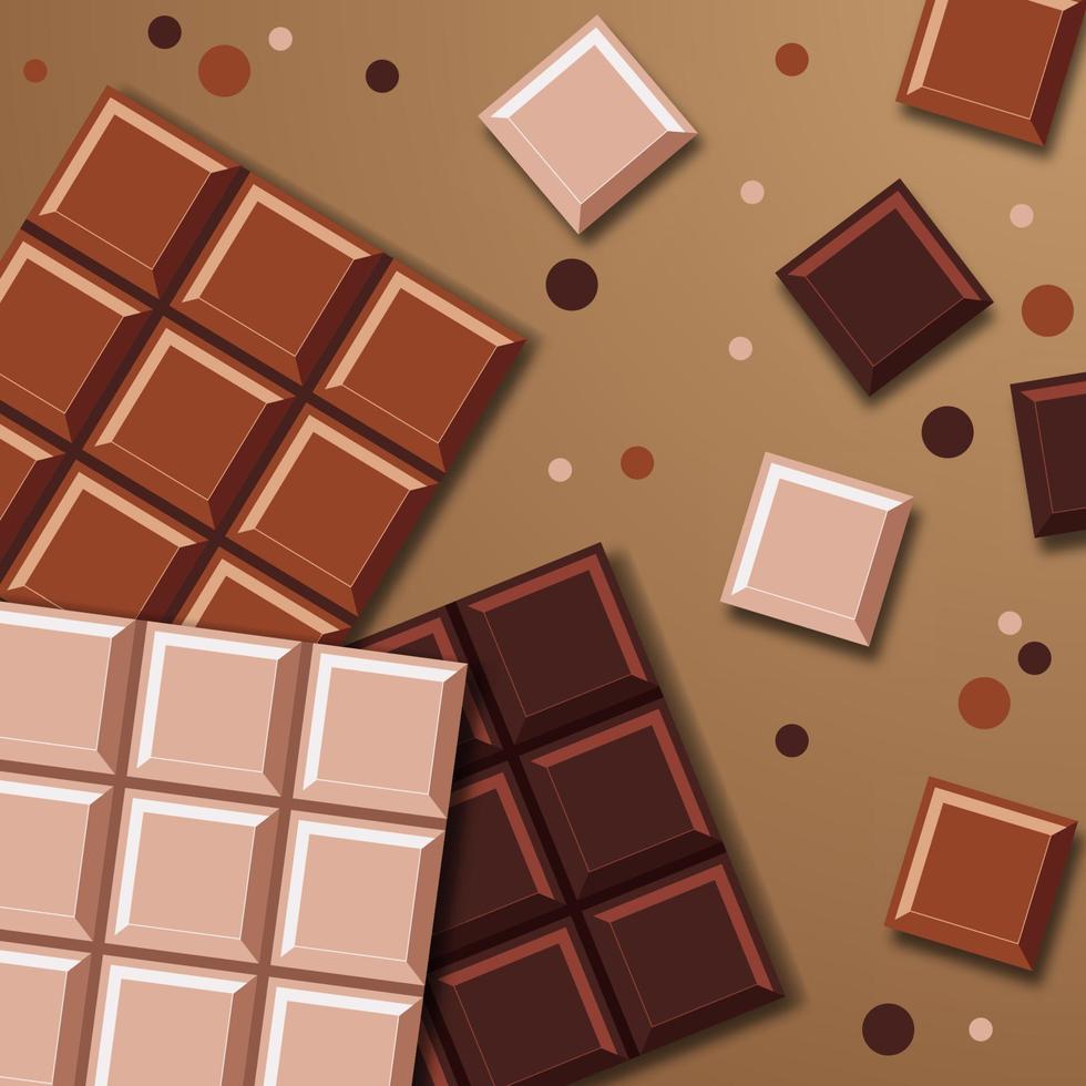 chocoladerepen. realistische chocoladereep met stukjes. melk, pure en witte chocoladerepen. vector illustratie
