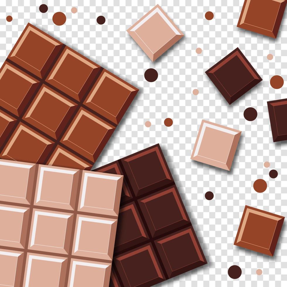 chocoladerepen. realistische chocoladereep met stukjes. melk, pure en witte chocoladerepen. vector illustratie