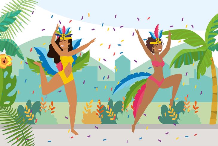 Vrouwelijke carnaval dansers met confetti buiten vector