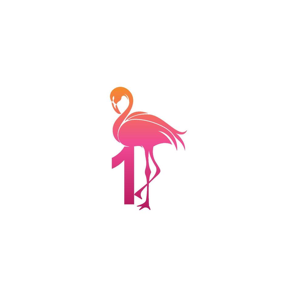 flamingo vogel icoon met nummer 1 logo ontwerp vector