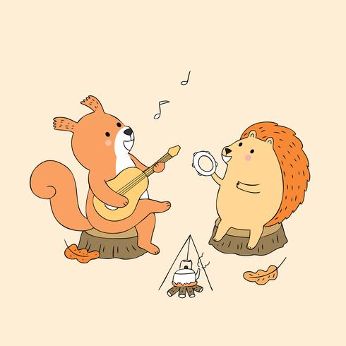 Herfst eekhoorn en egel spelen muziek vector