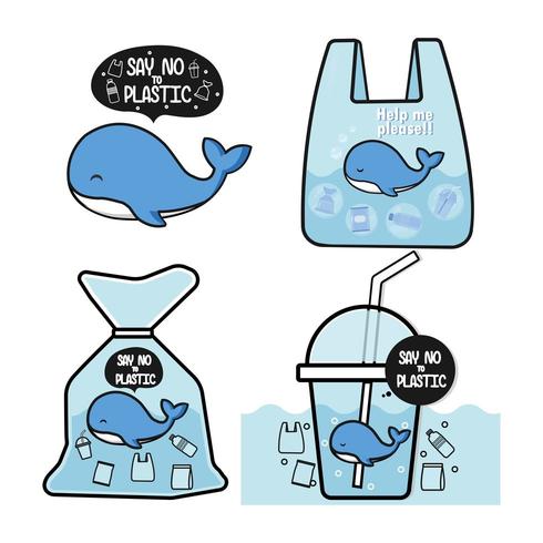 Walvis zegt nee tegen plastic cartoon vectorillustratie vector