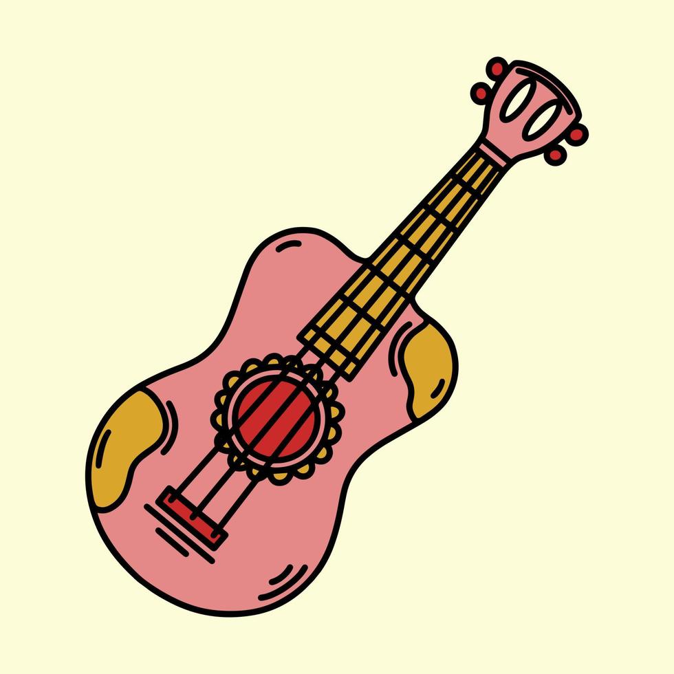 klassieke houten gitaar vector pictogram. hand getekende illustratie geïsoleerd op een witte achtergrond. vintage muziekinstrument met snaren. kleur clipart met omtrek, voor decoratie en ontwerp