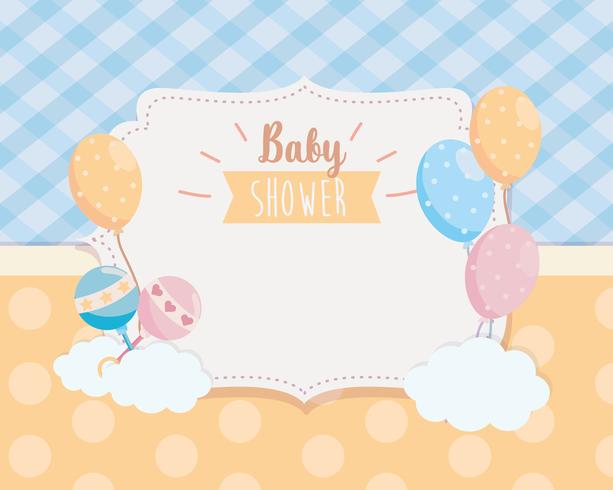 Baby shower label met rammelaars en ballonnen vector