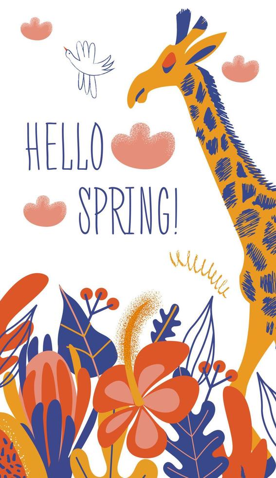 giraf en bloemen. hallo lente. vectorillustratie op een witte achtergrond. vector