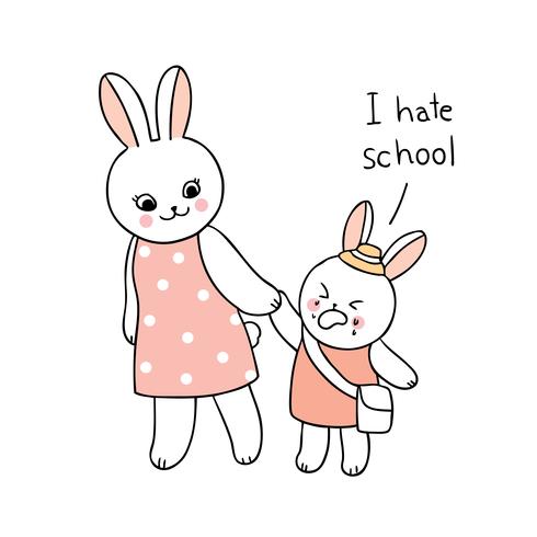 terug naar school moeder en baby konijn lopen naar school vector