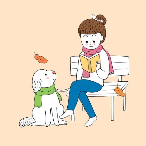 De herfstvrouw die een boek en een hond lezen vector