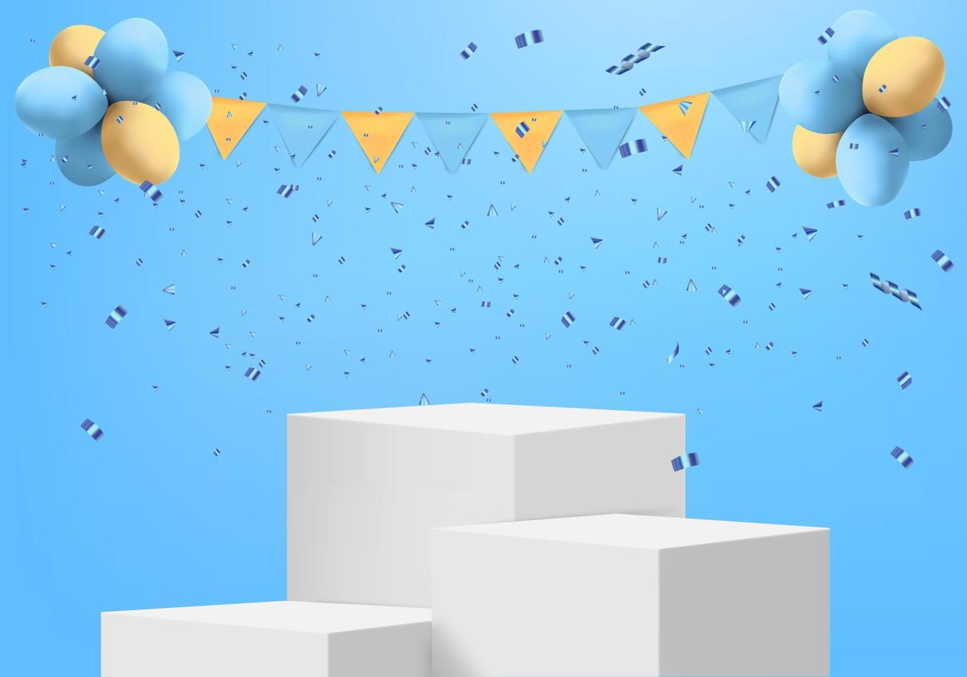 ballonnen en confetti met podium voor productweergave vector