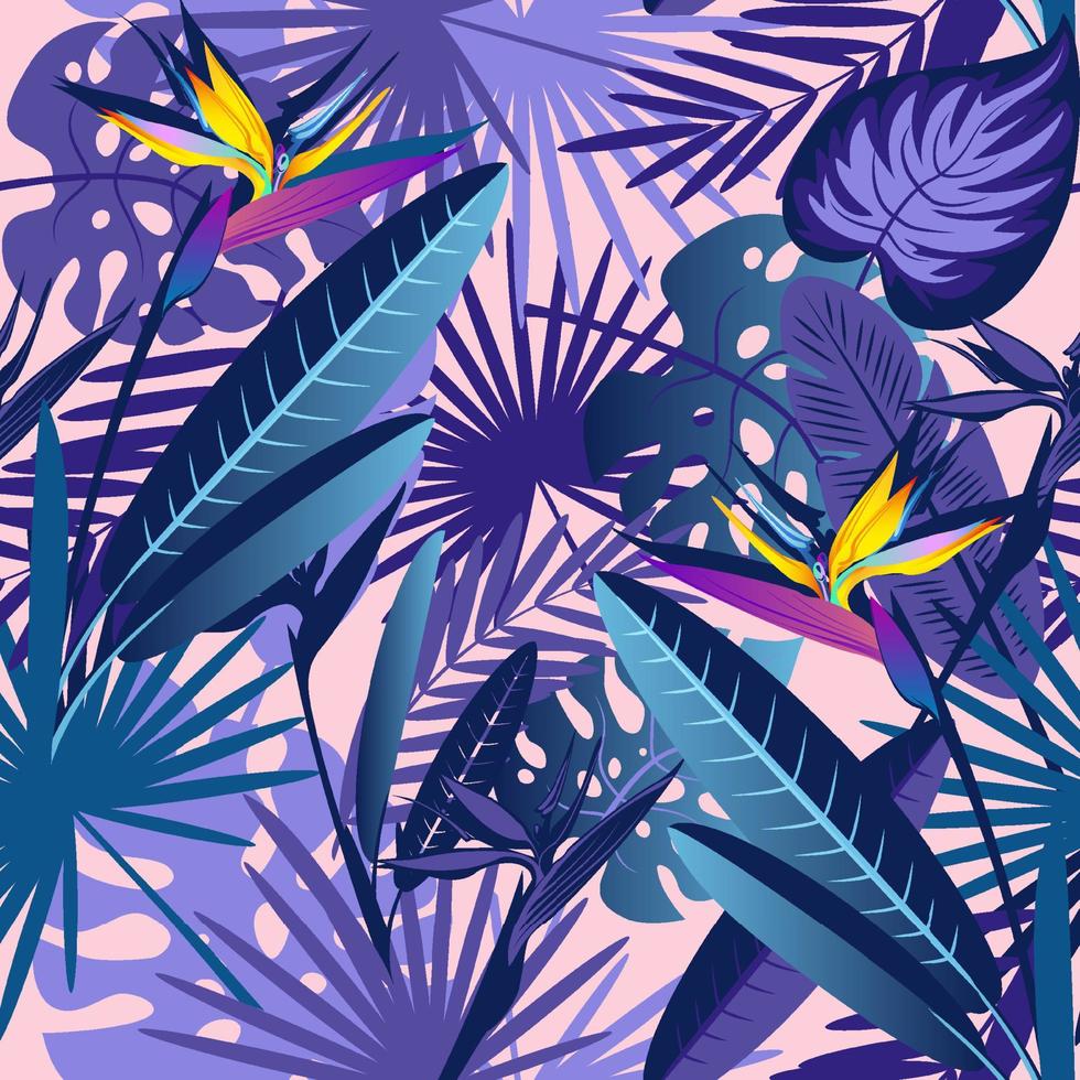 naadloze patronen met tropische exotische bladeren en bloemen. vector afbeelding.