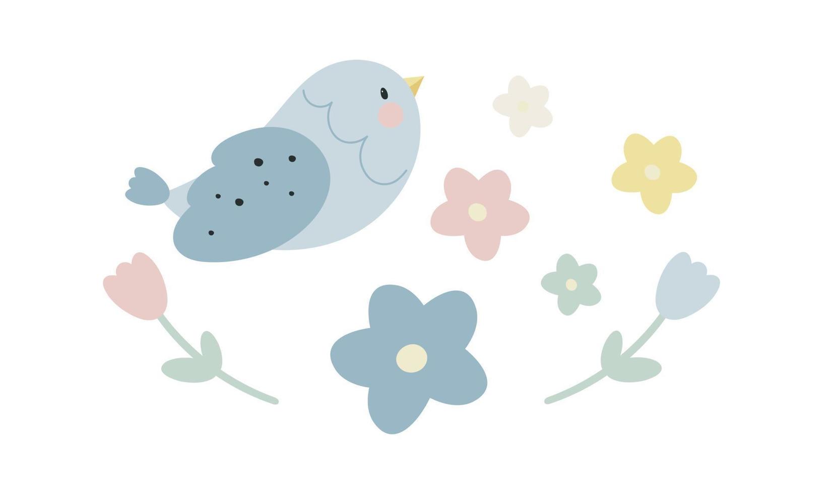 set met bloemen en vogels. vectorillustratie. cartoon-stijl. vector