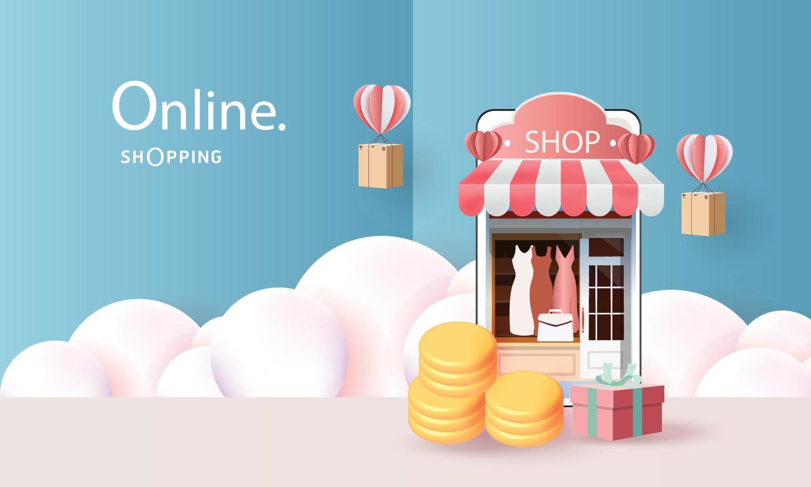 online winkelen op telefoon met podium papier kunst moderne roze achtergrond geschenken doos vector. vector