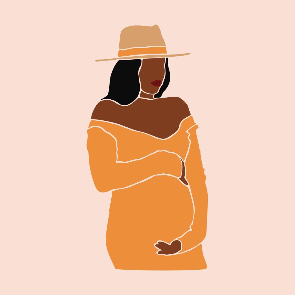 zwangerschap. zwangere afrikaanse zwarte huidvrouw die haar buik aanraakt. moederschap. gelukkige Moederdag. papier gesneden mozaïekstijl. mooie vrouwen met buik. handgetekende vector hedendaagse abstracte illustratie