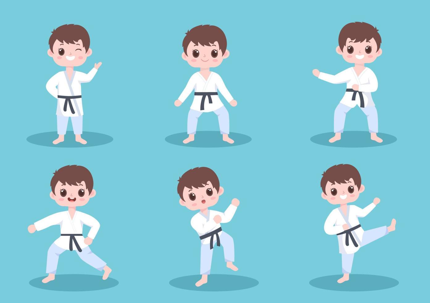 schattige tekenfilmkinderen die een aantal basisbewegingen van karate-vechtsporten doen, pose vechten en kimono dragen in een vlakke stijl vectorillustratie als achtergrond vector