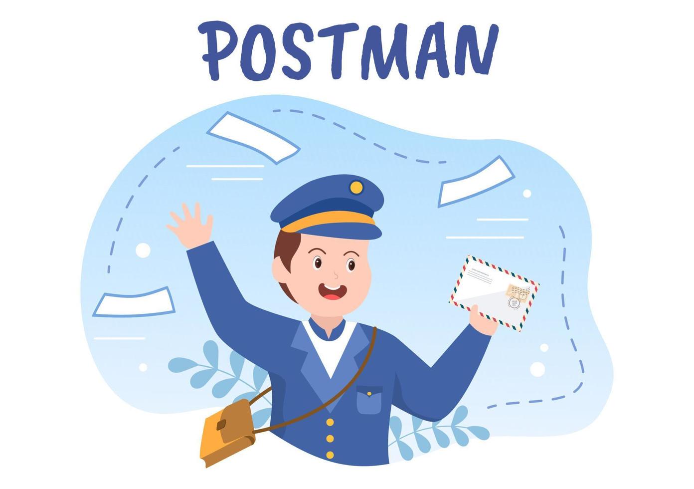 postbode cartoon vectorillustratie draagt een uniform met een rugzak met brieven om te verzenden of envelop in de postbus te plaatsen vector