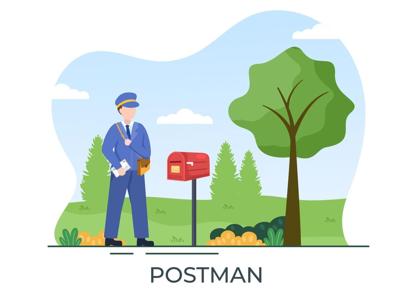 postbode cartoon vectorillustratie draagt een uniform met een rugzak met brieven om te verzenden of envelop in de postbus te plaatsen vector