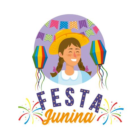 Festa Junina-vrouw draagt feestmuts en lantaarns vector