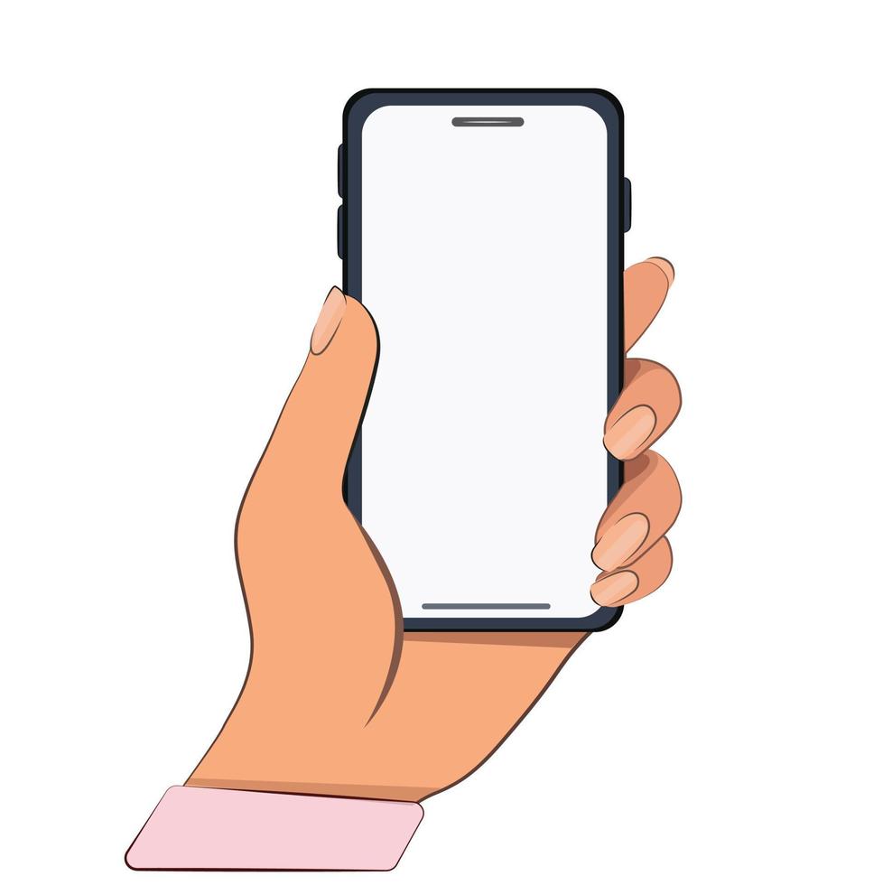 telefoon smartphone in handen. op geïsoleerde witte achtergrond touch telefoon. een hand met een natuurlijke manicure houdt een telefoon vast. zakelijk wit telefoonscherm vector