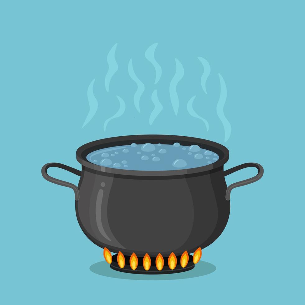 kokend water in pan. kookpot op fornuis met water, stoom, vuur. vector ontwerp