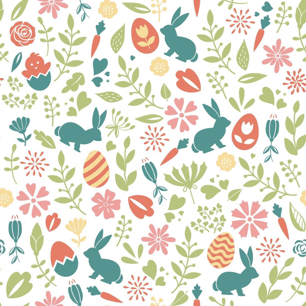 bloemen kleurrijk naadloos Pasen-patroon met eieren en konijntjes. voor lenteontwerp, wenskaarten, posters, uitnodigingen, stoffen, scrapbooking, cadeaupapier, behang. vector