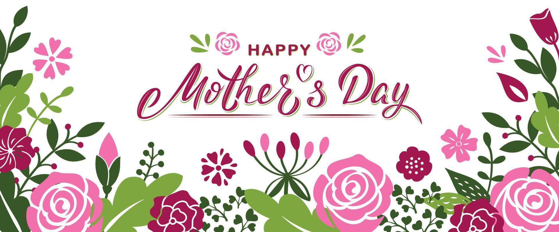 gelukkige moederdag hand belettering tekst met bloemen en takken. sjabloon voor spandoek voor moederdag. vector