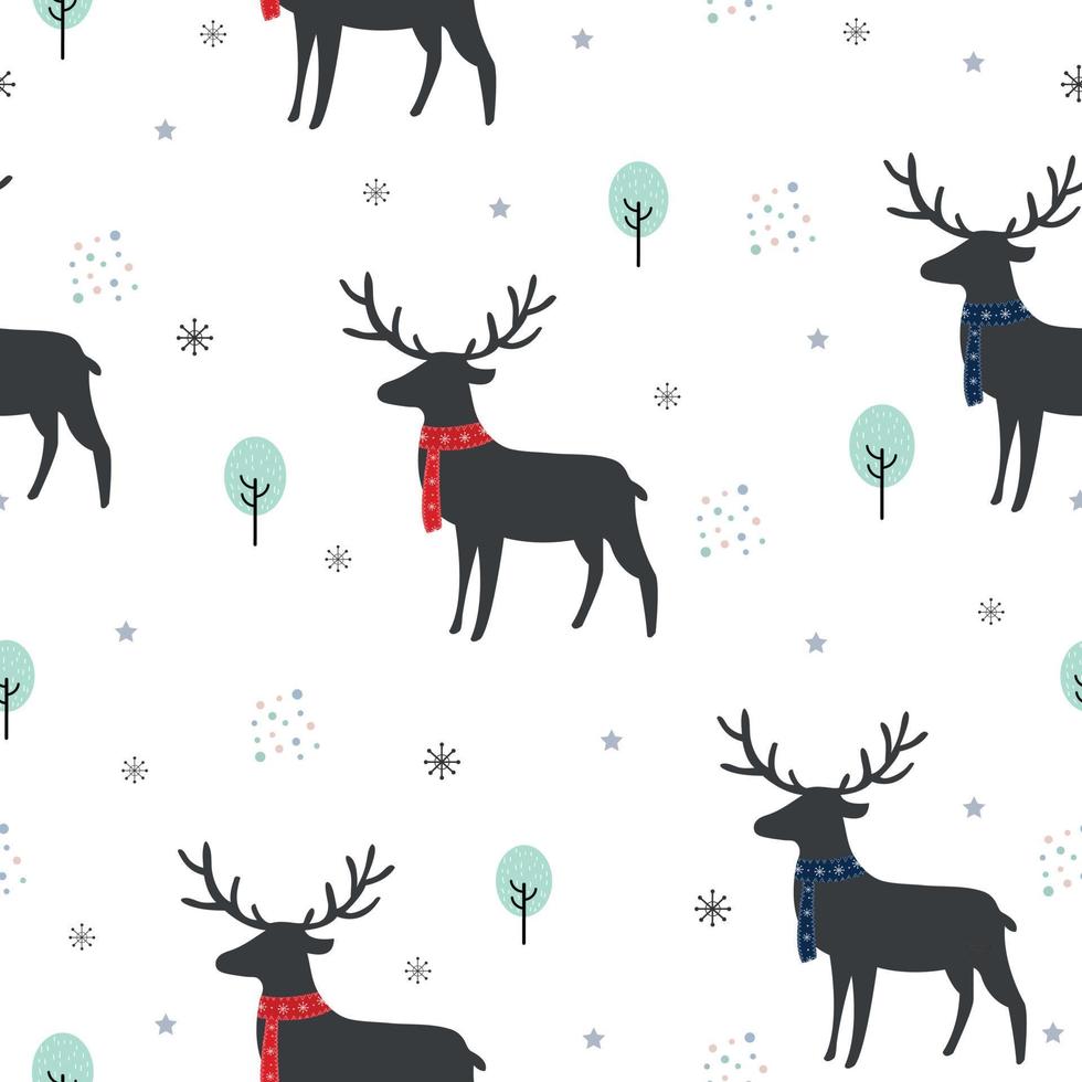 naadloze patroon achtergrond met herten en bomen met sneeuwvlokken. stripfiguren. schattige dieren. het ontwerp dat wordt gebruikt voor afdrukken, achtergrond, geschenkverpakking, babykleding, textiel, vectorillustratie vector