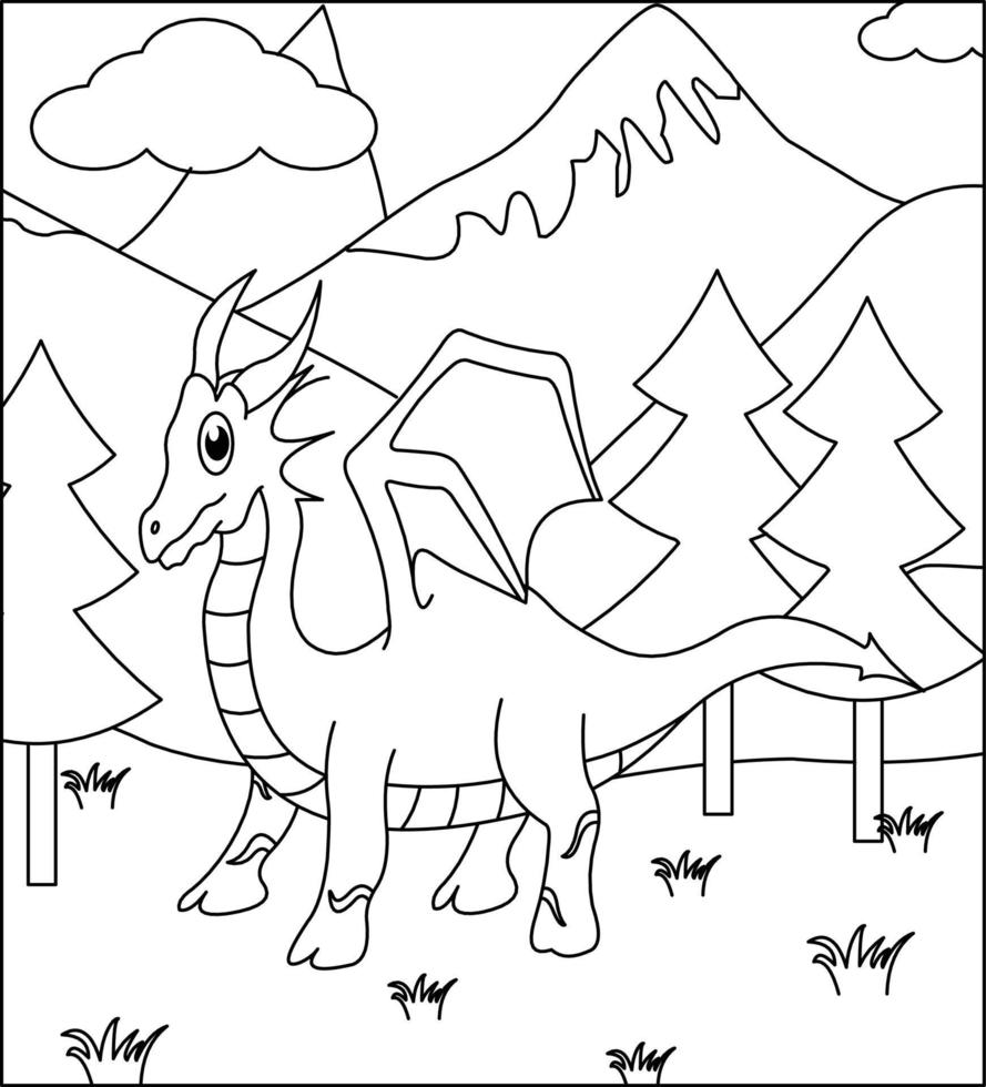draak kleurplaat pagina 32. schattige draak met de natuur, groen gras, bomen op de achtergrond, vector zwart-wit kleurplaat.