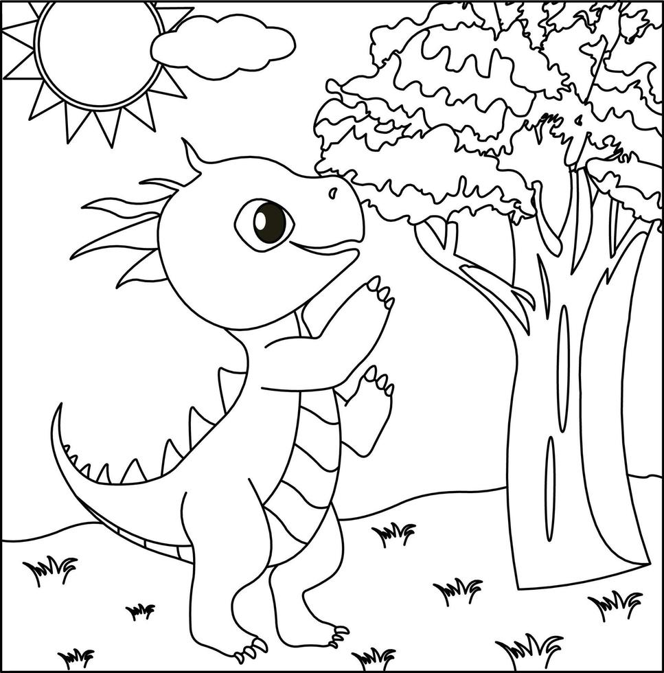draak kleurplaat pagina 19. schattige draak met de natuur, groen gras, bomen op de achtergrond, vector zwart-wit kleurplaat.