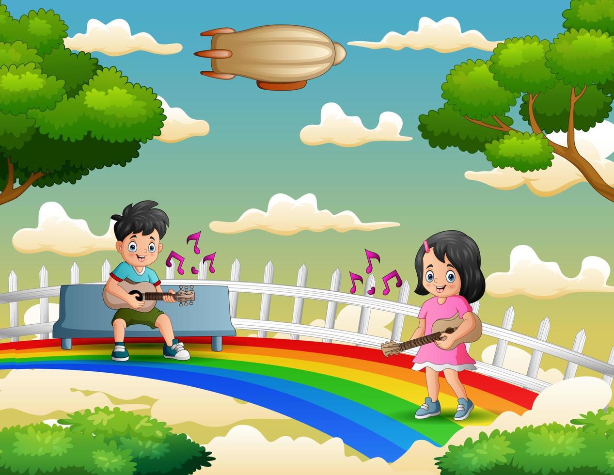 tekenfilm van een jongen en een meisje die gitaar spelen over de regenboog vector