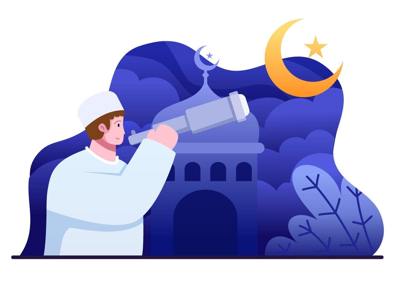 moslim persoon op zoek naar hilal bij nachtelijke hemel met telescoop voor de nieuwe maan die het begin van de heilige maand ramadan vasten maand aangeeft. vector