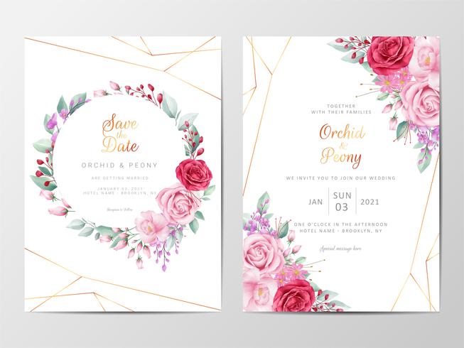 Moderne bloemen bruiloft uitnodiging set vector