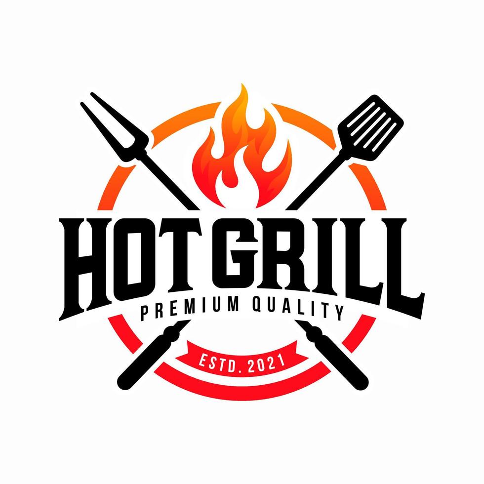 vintage gegrilde barbecue logo, retro bbq vector, vuur grill eten en restaurant icoon, rood vuur icoon vector