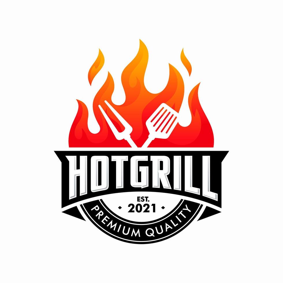 vintage gegrilde barbecue logo, retro bbq vector, vuur grill eten en restaurant icoon, rood vuur icoon vector