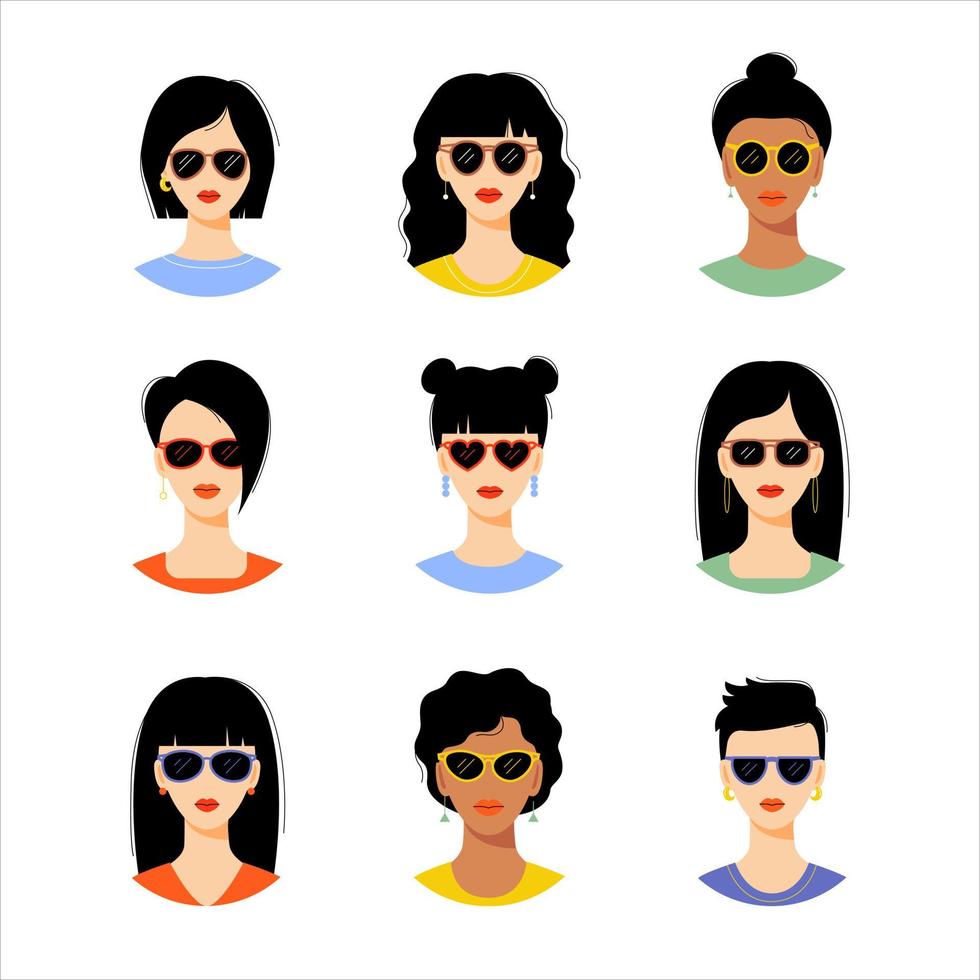 verzameling portretten van jonge stijlvolle vrouwen. meisjes met verschillende kapsels. set van moderne vrouwelijke avatars. platte cartoon vectorillustratie. vector