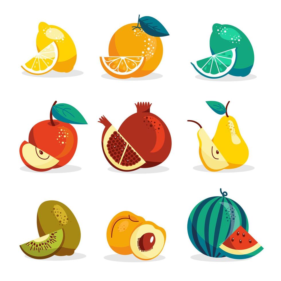 set van fruit in moderne vector hand getekende stijl, zomer symbool, fruit salad.cute fruit, appel, watermeloen, citroen, kiwi, peer, abrikoos, limoen, sinaasappel, granaatappel