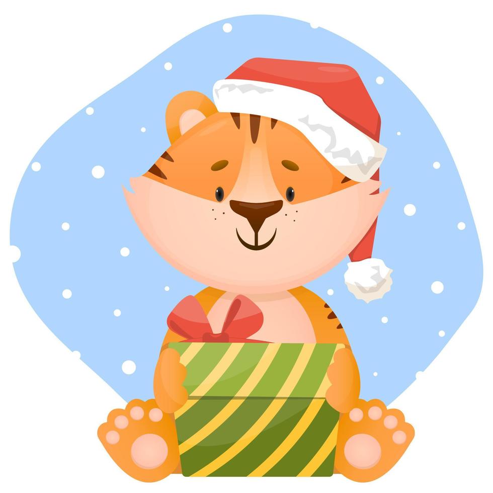 grappige kleine gelukkige tijgerwelp zit met een geschenkdoos in de kerstmuts van het nieuwe jaar. vector teken illustratie in vlakke stijl.