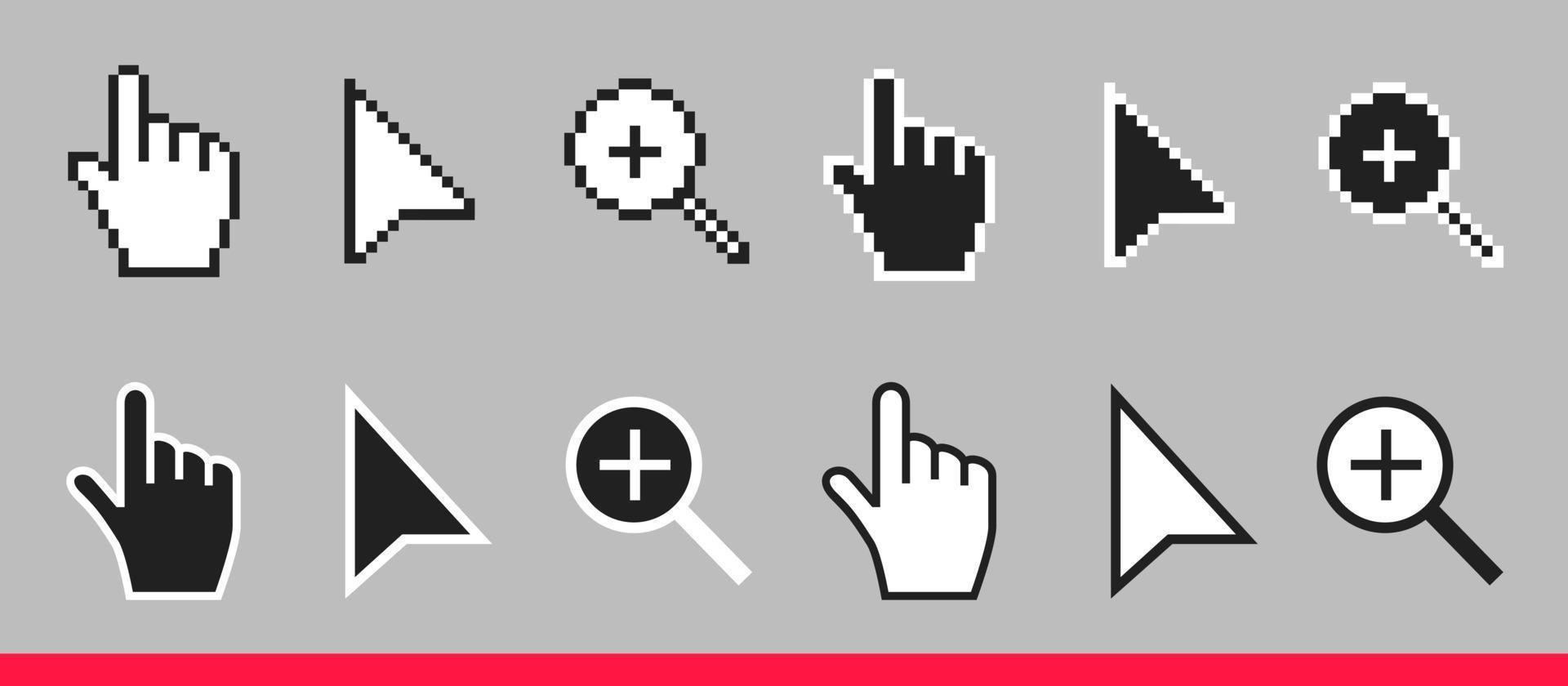 zwart-wit pijl, hand en vergrootglas non pixel muis cursor iconen vector illustratie set