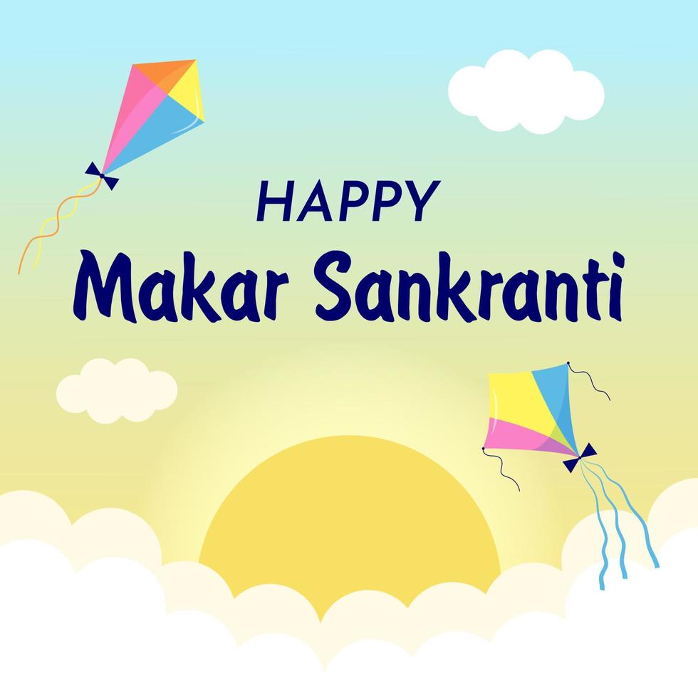 fijne makar sankranti-vakantie. indiase hindoe festival met vliegeren, zon en wolken. vector