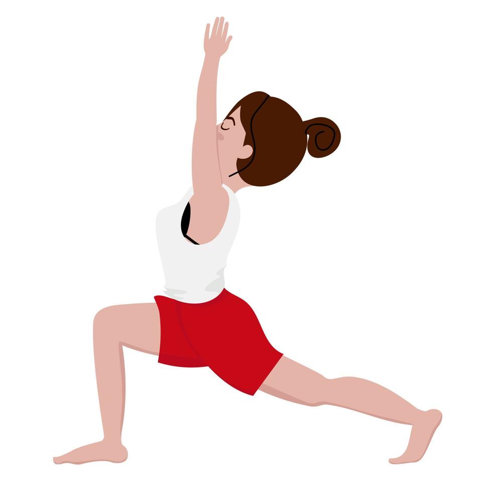 jonge vrouw in felrode huiskleding die in yoga-krijger pose staat. cartoon vlakke stijl vectorillustratie geïsoleerd op een witte achtergrond. vector