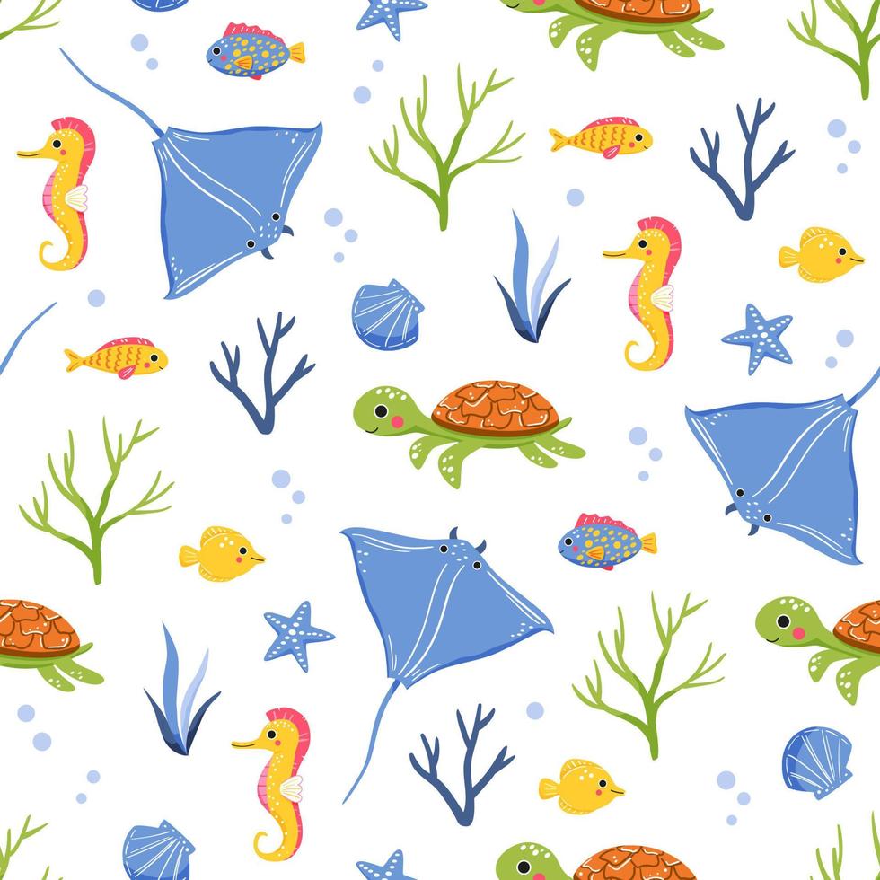 grappig kinderachtig patroon met zeedieren - pijlstaartrog, zeeschildpad, zeepaardje, vis, koralen vector