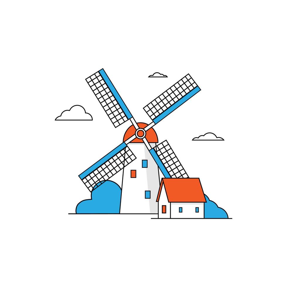 zomer landelijk landschap met windmolen op geïsoleerde witte achtergrond vector