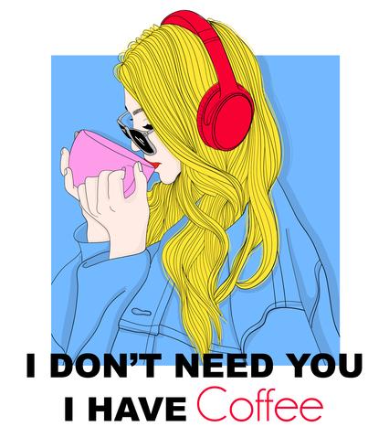 Hand getekend meisje koffie drinken met een koptelefoon en typografie vector