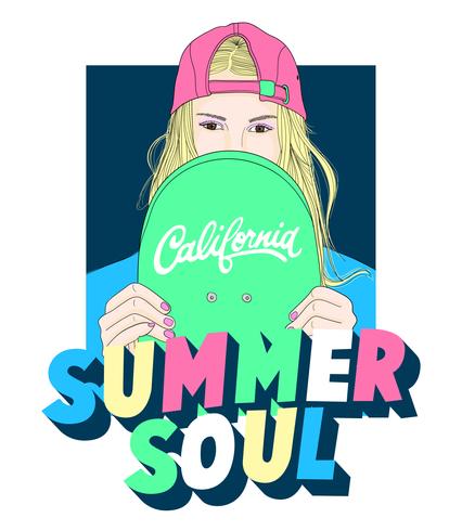Hand getekend meisje met achteruit hoed, skateboard en zomer soul-tekst vector