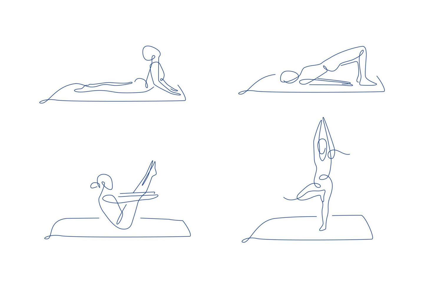 pilates lijntekeningen poses set. overzicht vectorillustratie. een lijn yoga poses collectie. vrouwen maken yoga en pilates. yogamat vector