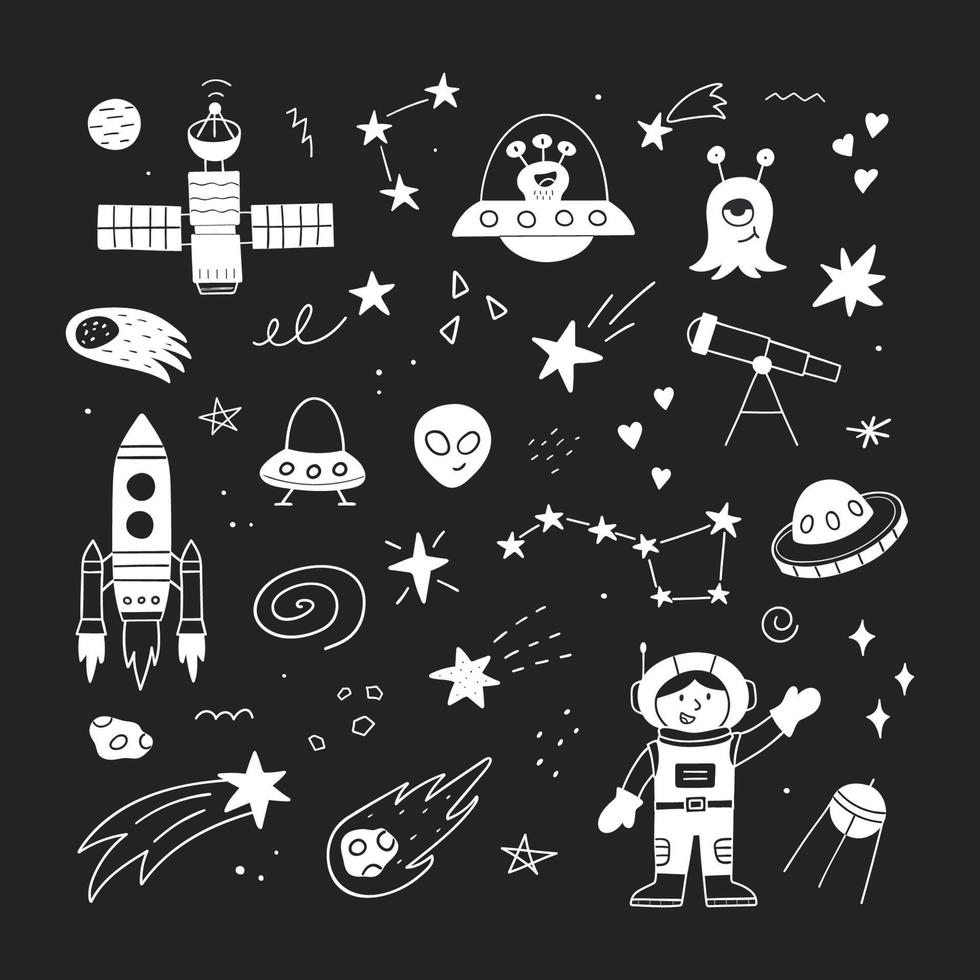 hand getekend schattig zwart-wit ruimte set. vectorillustratie. planeten, aliens, raketten, ufo, sterren geïsoleerd op een witte achtergrond. vector